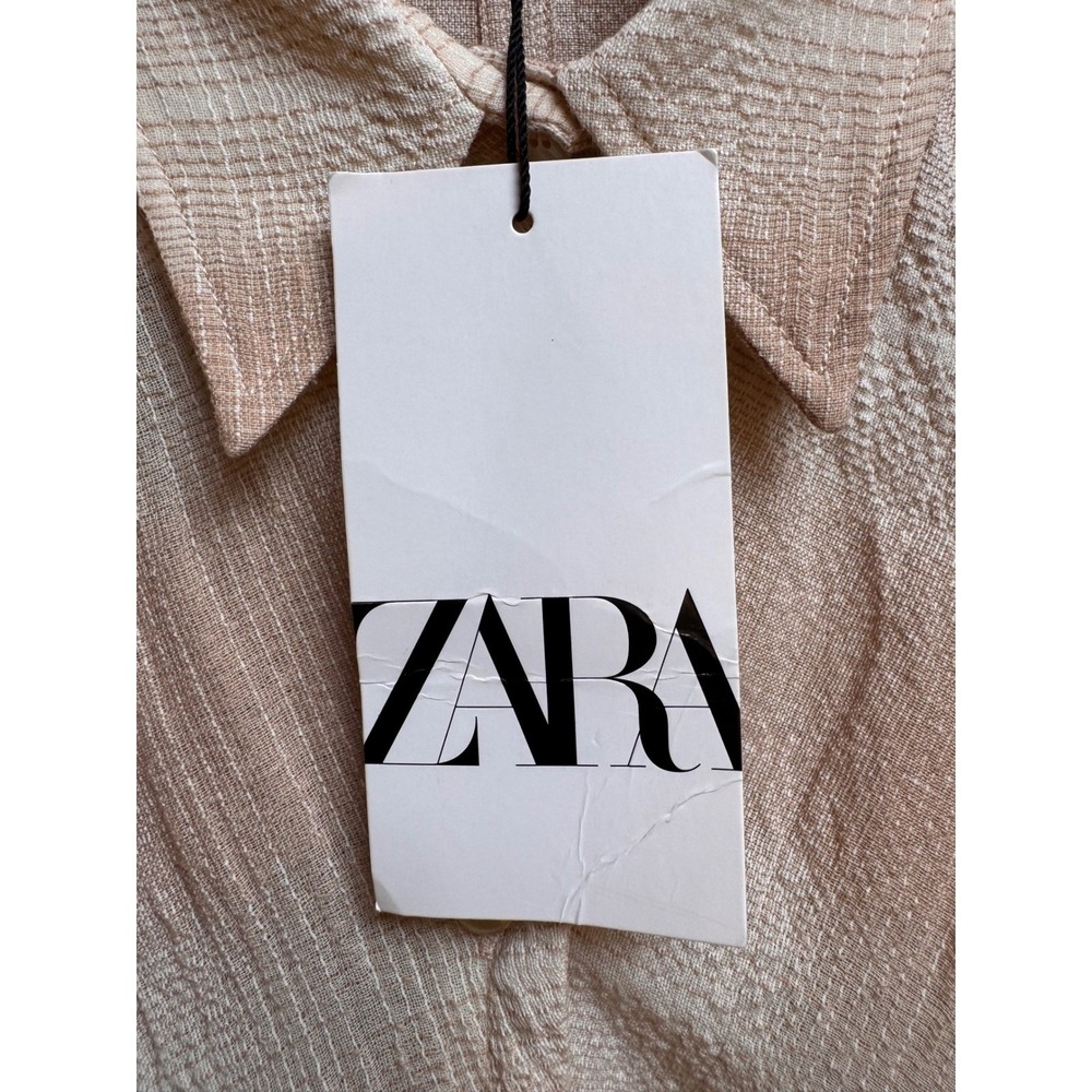 Zara Beige Textured Ruched Button Down Shirt Top Gauze Coastal Cotton Blend M - Picture 10 of 13